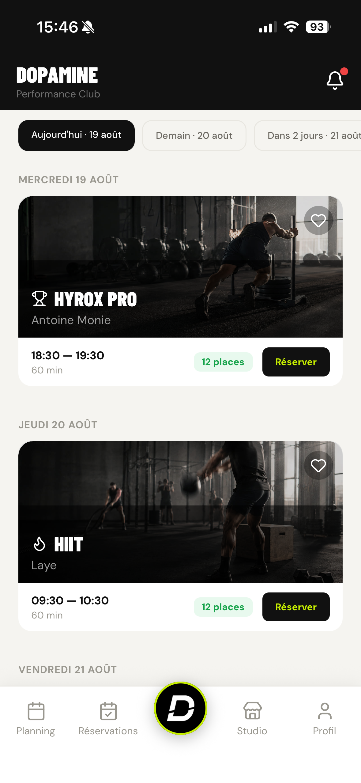 Écran d'accueil de l'app membre, Dopamine Performance Club