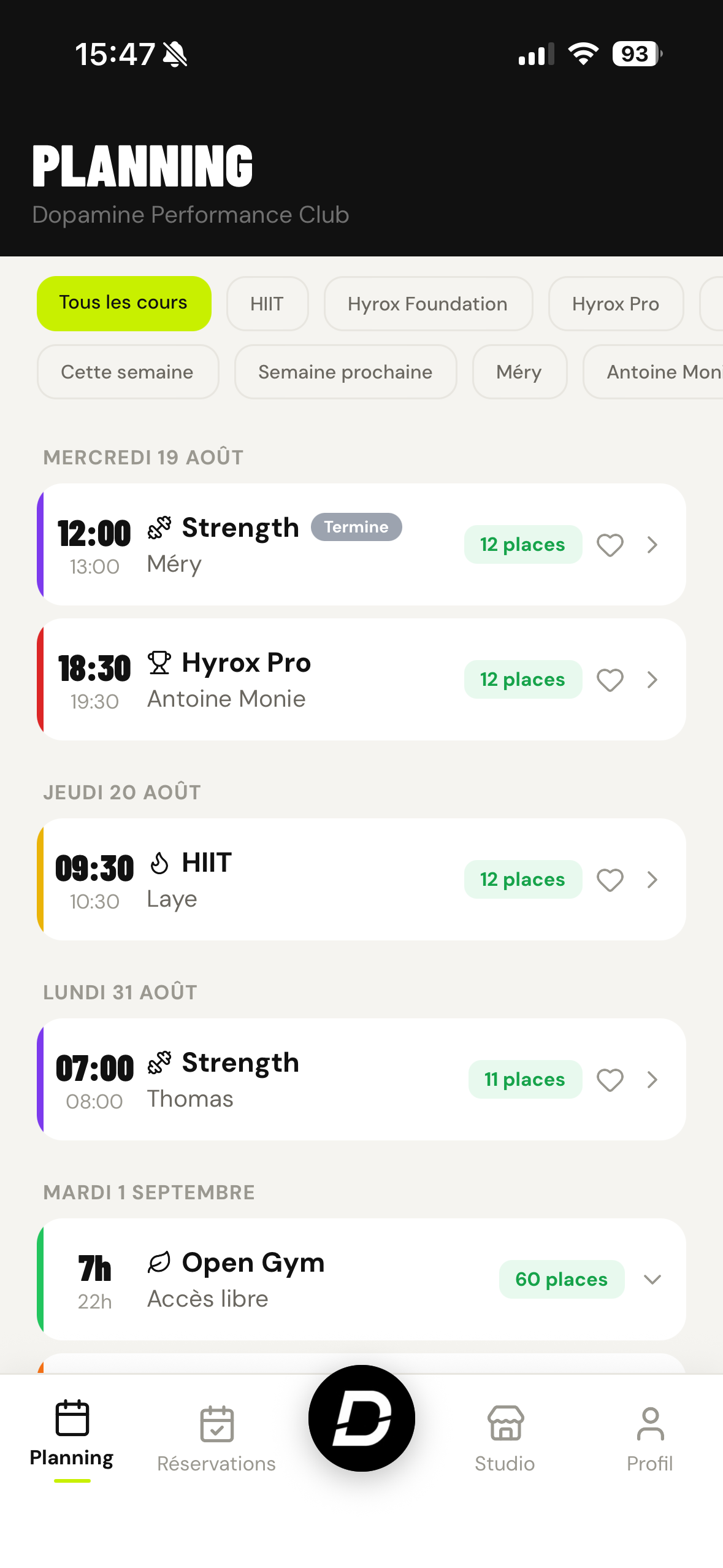 Planning de l'app membre, Dopamine Performance Club