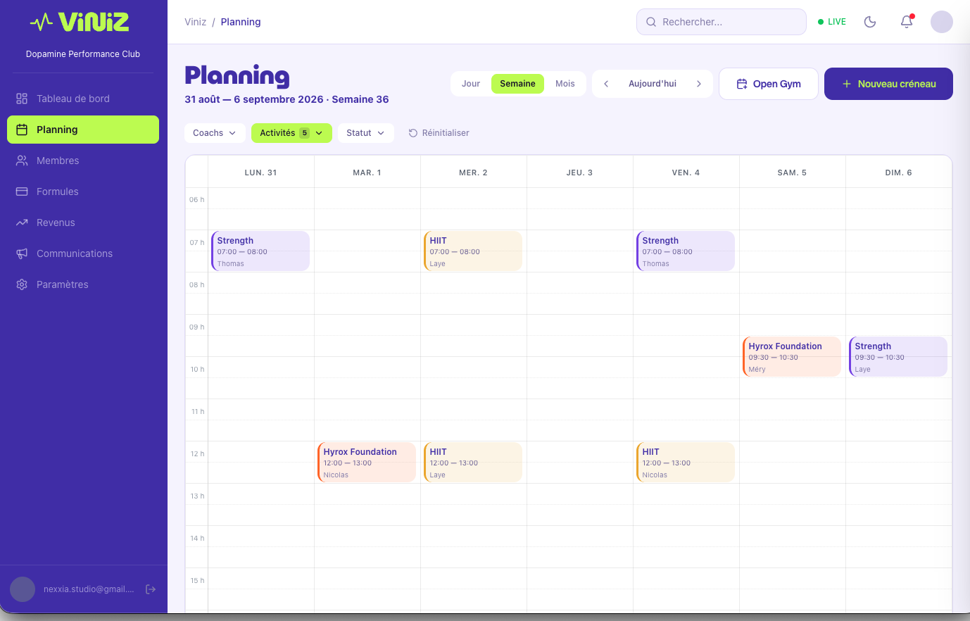 Planning hebdomadaire, dashboard gérant Viniz