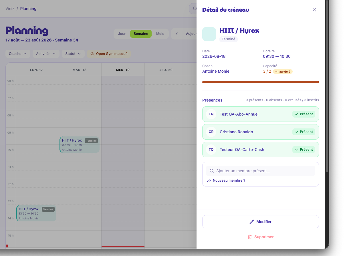 Pointage des présences, dashboard gérant Viniz